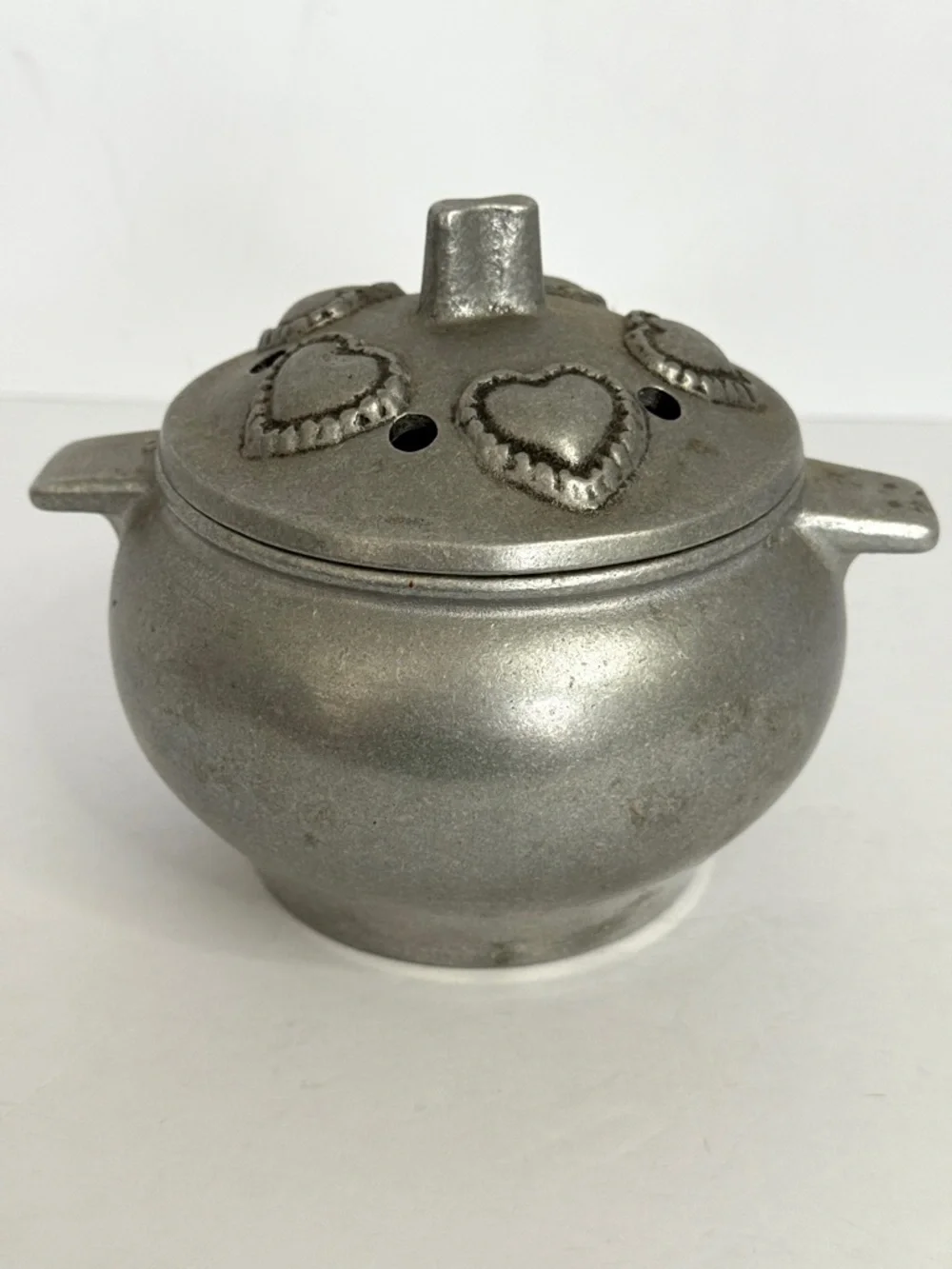 Vintage Solid Pewter Potpourri Bowl With Hearts on Lid, Rare